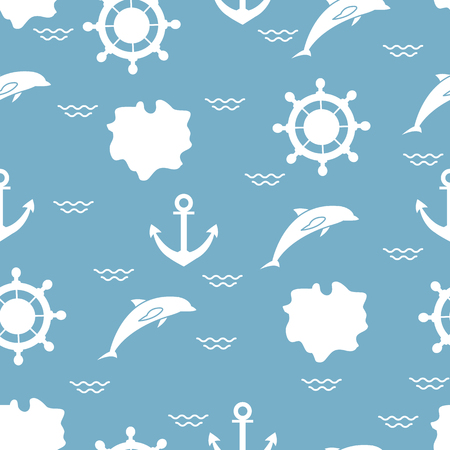 Seamless pattern with dolphins, anchors, steering wheels, waves, islands. Summer leisure Vector illustration.のイラスト素材