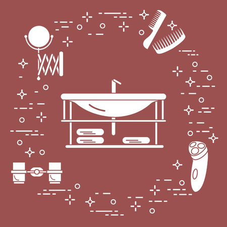 Bathroom elements: washbasin, faucet, glasses, razor, towels, mirror, combs. Bathroom interior design Vector illustration.のイラスト素材