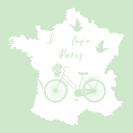 Map of France, bicycle with a basket of flowers, pigeons. Travel and leisure.のイラスト素材