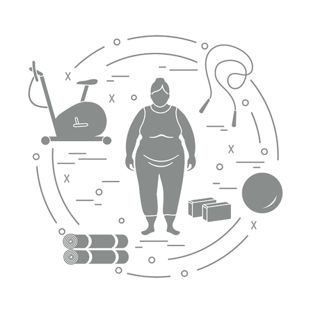 Fat woman and different sports equipment. Healthy lifestyle. Exercise bike, skipping rope, fitball, yoga bricks and mat.のイラスト素材