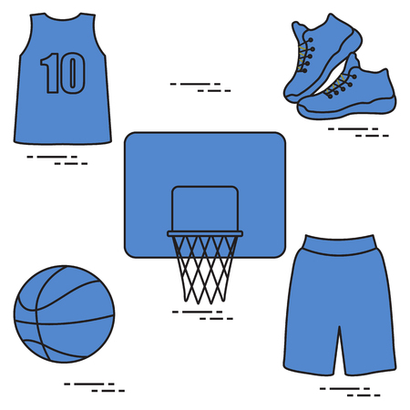 Sports uniform and equipment for basketball. Basketball basket, shirt, sneakers, shorts, ball.のイラスト素材