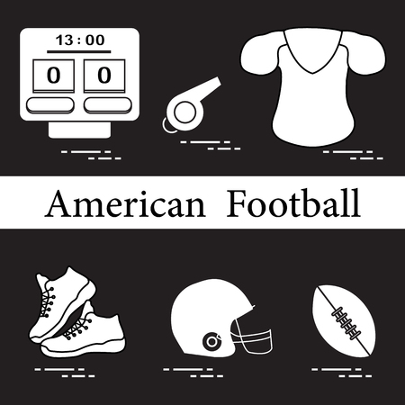 Equipment for american football, rugby. Electronic scoreboard, whistle, clothes, sneakers, helmet, ball.のイラスト素材
