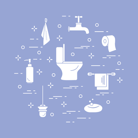 Toilet bowl, toilet paper, soap dispenser, brush for toilet bowl, soap, towels, faucet, towel hooks. Design for poster or print.のイラスト素材