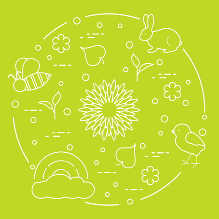 Rainbow, cloud, chicken, rabbit, flowers, leaves, bee, shell, egg, sprouts. Spring theme. Template for design, print.のイラスト素材