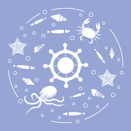 Steering wheel and sea inhabitants: fish, seashells, starfish, crab, octopus. Design for banner, poster or print.のイラスト素材