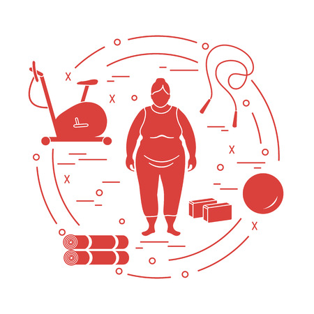 Fat woman and different sports equipment. Healthy lifestyle. Exercise bike, skipping rope, fitball, yoga bricks and mat.のイラスト素材