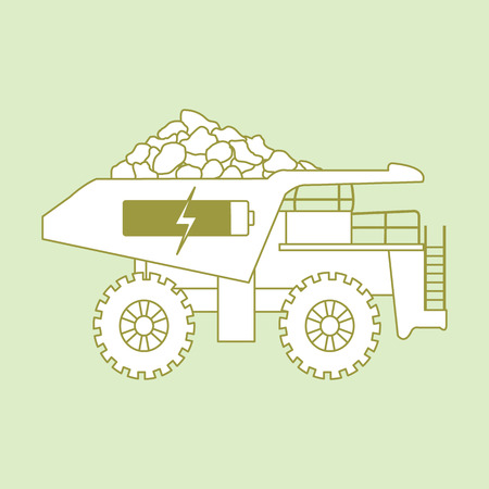 Electric dumper with ore, battery, charge symbol. New transport eco technologies.のイラスト素材