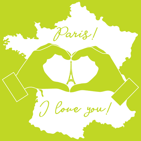 Hand making a heart shape. Tower, symbol of Paris. The inscription Paris I love you. Travel and leisure.のイラスト素材