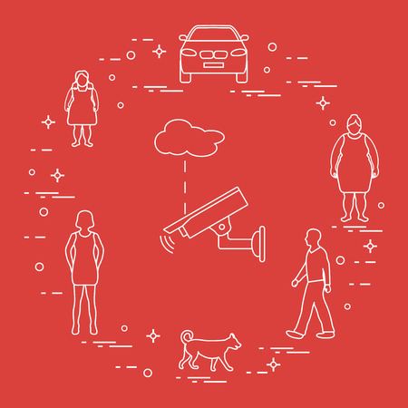 Security camera and women, girl, man, dog, car. Protection of private property. Detection of offenses and ensuring the safety of driving.のイラスト素材