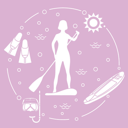 Woman paddling a stand up paddle board, mask, snorkel, flippers, sun, boat, paddle. Sports and recreation theme.のイラスト素材