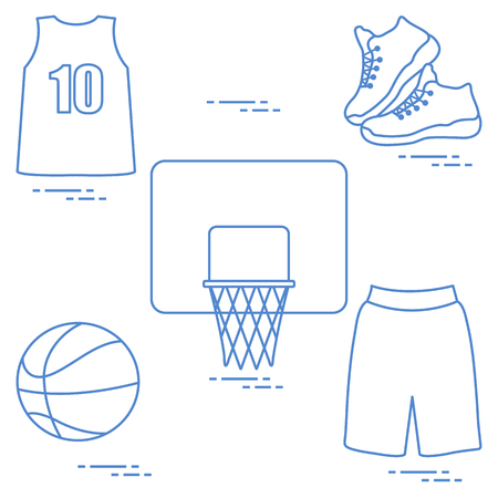 Sports uniform and equipment for basketball. Basketball basket, shirt, sneakers, shorts, ball.のイラスト素材