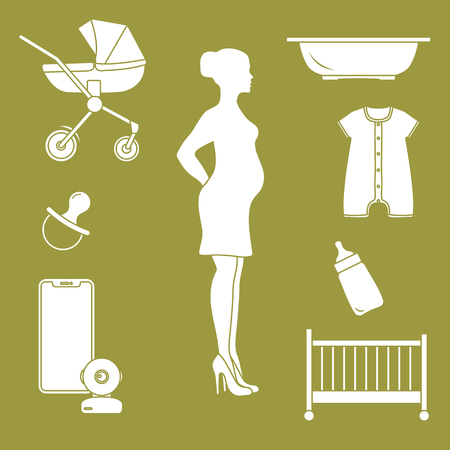 Pregnant woman and goods for babies. Stroller, crib, baby monitor, bottle, pacifier, bath for children, overalls.のイラスト素材