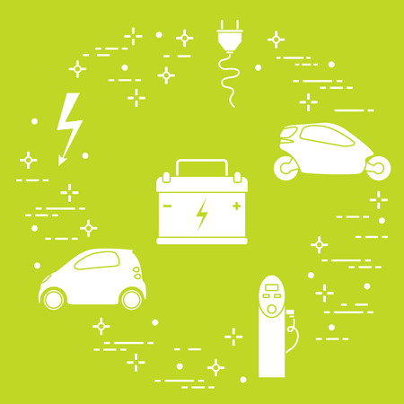Electric cars, battery, charging station, electrical safety sign, cable, electrical plug. New transport eco technologies.のイラスト素材