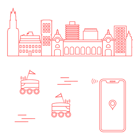 Delivery in the city with a robots. Fast and convenient shipping. Free delivery.のイラスト素材