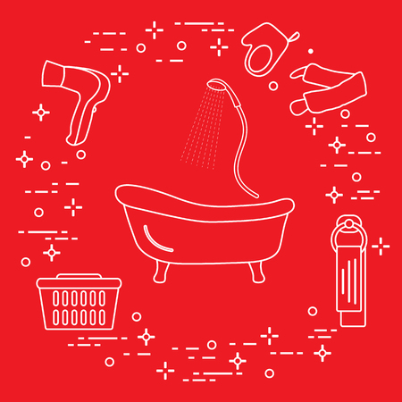 Bathroom elements: bath, shower, hairdryer, washcloths, towel, laundry basket. Design for poster or print.のイラスト素材