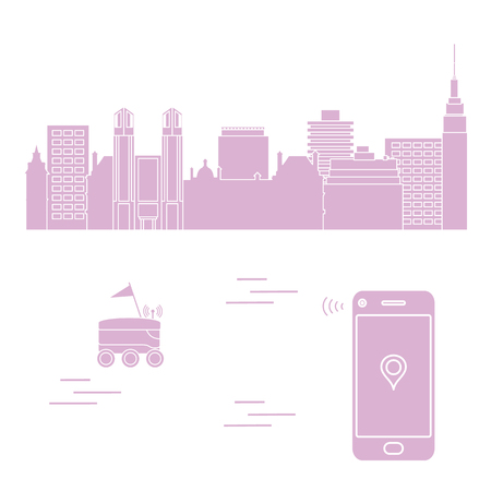 Delivery in the city with a robot. Fast and convenient shipping. Free delivery.のイラスト素材