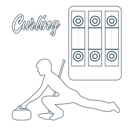 Curling sport. Playground for curling, broom, stone and athlete silhouette.のイラスト素材