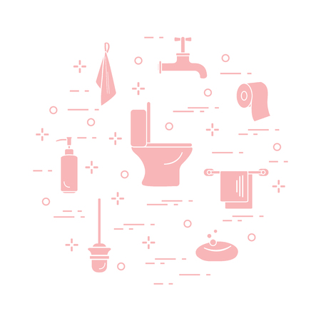 Toilet bowl, toilet paper, soap dispenser, brush for toilet bowl, soap, towels, faucet, towel hooks. Design for poster or print.のイラスト素材