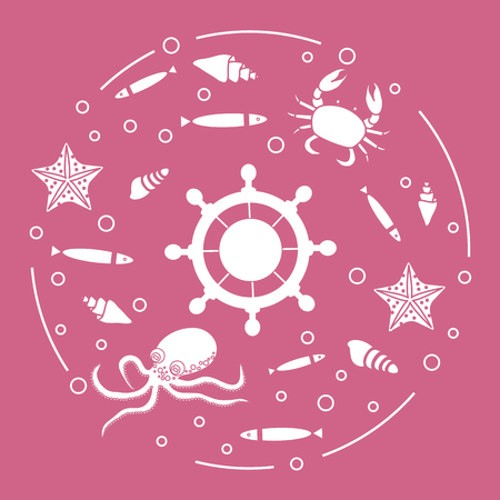 Steering wheel and sea inhabitants: fish, seashells, starfish, crab, octopus. Design for banner, poster or print.のイラスト素材