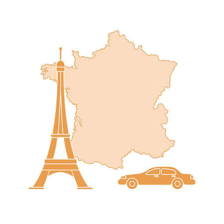 Map of France, famous tower of Paris, car. Travel and leisure.のイラスト素材