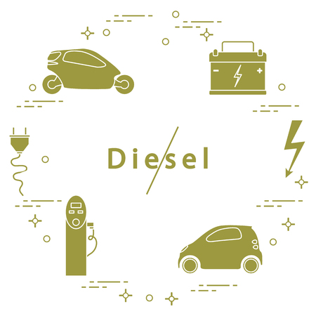 Ban on diesel engines. Transport is environmentally friendly. Electric cars, battery, charging station, electrical safety sign, cable, electrical plug. Transport eco technologies. のイラスト素材