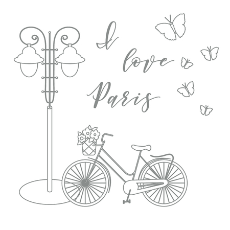 Bicycle with a basket of flowers, lantern, butterflies. The inscription I love Paris. Travel and leisure.のイラスト素材