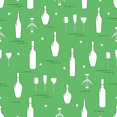 Seamless pattern of wine glasses, corkscrew, bottles of wine. Wine-making. Tasting. Sommelier.のイラスト素材