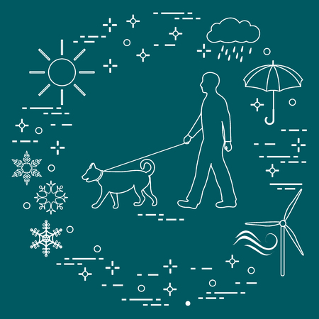 Man walking a dog on a leash in any weather. Sun, cloud, rain, umbrella, snowflakes, wind,  wind generator.のイラスト素材