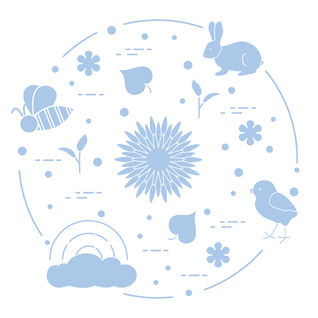 Rainbow, cloud, chicken, rabbit, flowers, leaves, bee, shell, egg, sprouts. Spring theme. Template for design, print.のイラスト素材