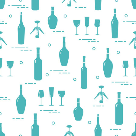 Seamless pattern of wine glasses, corkscrew, bottles of wine. Wine-making. Tasting. Sommelier.のイラスト素材