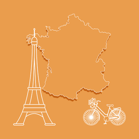 Map of France, famous tower of Paris, bicycle with a basket of flowers. Travel and leisure.のイラスト素材