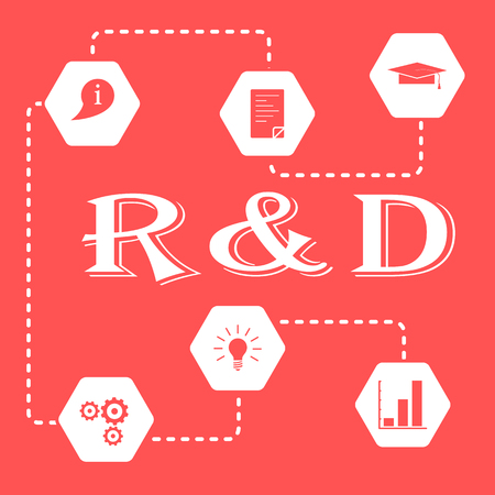 Research and development concept. Graduate cap, document, information icon, gears, idea in bulb shape, bar chart.のイラスト素材