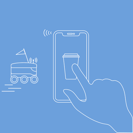 Order foods and drinks in the application on phone and delivery with a robot. Fast and convenient shipping. Free delivery.のイラスト素材