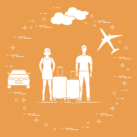 Man and woman with suitcases, plane, cloud, car. Summer time, vacation. Leisure.のイラスト素材