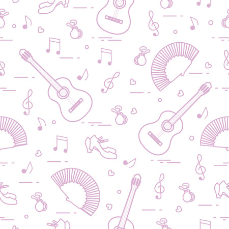 Seamless pattern with fan, shoes, castanets, notes, guitars. Travel and leisure. Traditional symbols of Spain.のイラスト素材