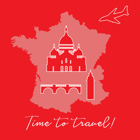 Map of France, bridge, tower, basilica, plane. Travel and leisure.のイラスト素材