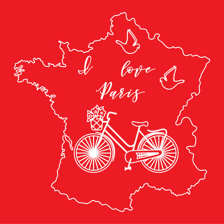 Map of France, bicycle with a basket of flowers, pigeons. Travel and leisure.のイラスト素材