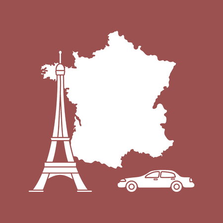 Map of France, famous tower of Paris, car. Travel and leisure.のイラスト素材