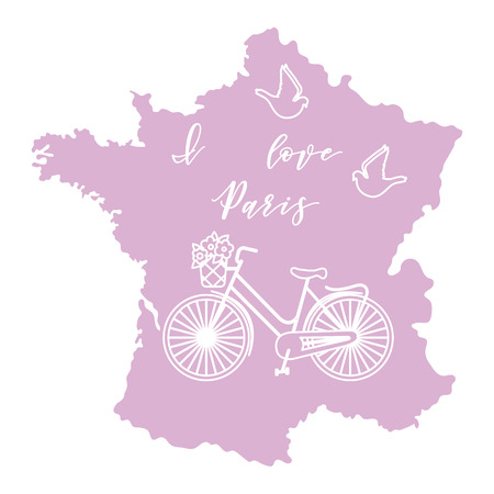 Map of France, bicycle with a basket of flowers, pigeons. Travel and leisure.の写真素材