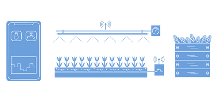 Smart farm and agriculture. Monitoring and control of temperature, humidity, light level. Cultivation of plants. New technologies. High yield.のイラスト素材