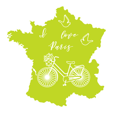 Map of France, bicycle with a basket of flowers, pigeons. Travel and leisure.のイラスト素材