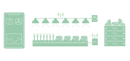 Smart farm and agriculture. Monitoring and control of temperature, humidity, light level. Cultivation of plants. New technologies. High yield.のイラスト素材
