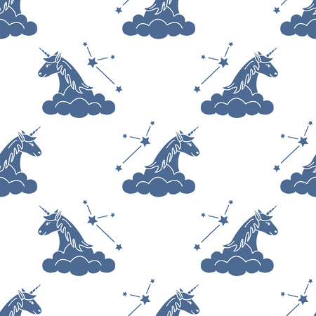 Seamless pattern with magic unicorn and constellations, clouds. Design for children graphic, t-shirt, cover, gift card.のイラスト素材