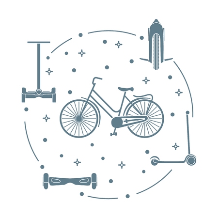 Modern means of transportation around the city. Bike, segway, mono-wheel, scooter, gyroscooter.のイラスト素材