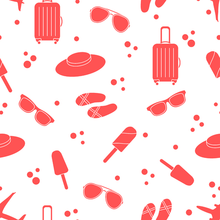 Seamless pattern with suitcase, ice cream, hat, sunglasses, beach slippers. Summer rest concept.のイラスト素材