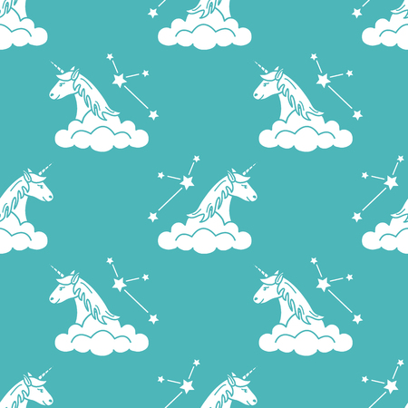 Seamless pattern with magic unicorn and constellations, clouds. Design for children graphic, t-shirt, cover, gift card.のイラスト素材