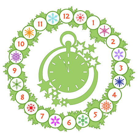 Christmas wreath with fir branches, clock, snowflakes. New year and christmas symbols. Happy New Year 2019 card.のイラスト素材