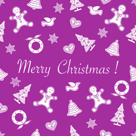 Seamless pattern with christmas and new year symbols. Christmas trees, Christmas wreath, gingerbread man, birds, bells, stars, hearts.のイラスト素材