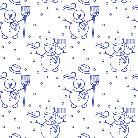 Seamless pattern with snowman, broom, hat, wind, snow. Funny pattern on a winter theme.のイラスト素材