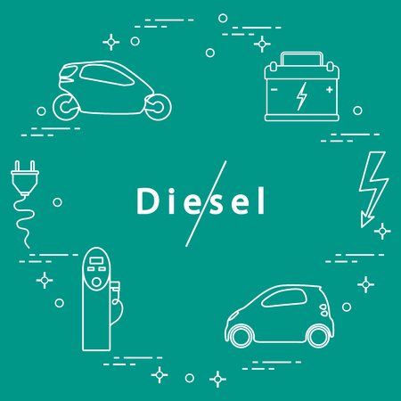 Ban on diesel engines. Transport is environmentally friendly. Electric cars, battery, charging station, electrical safety sign, cable, electrical plug. Transport eco technologies.のイラスト素材